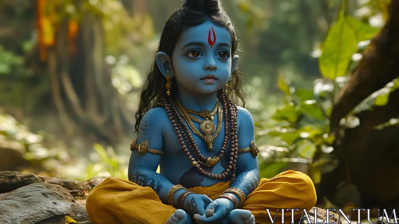 Photorealistic blue-skinned child deity rendered in forest shrine