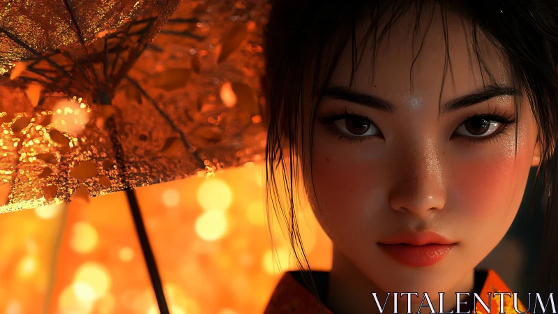 Warm autumn gaze beneath a softly glowing umbrella.