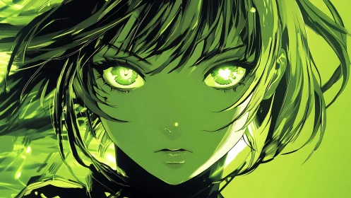 Green-tinted anime portrait with intense glowing eyes.