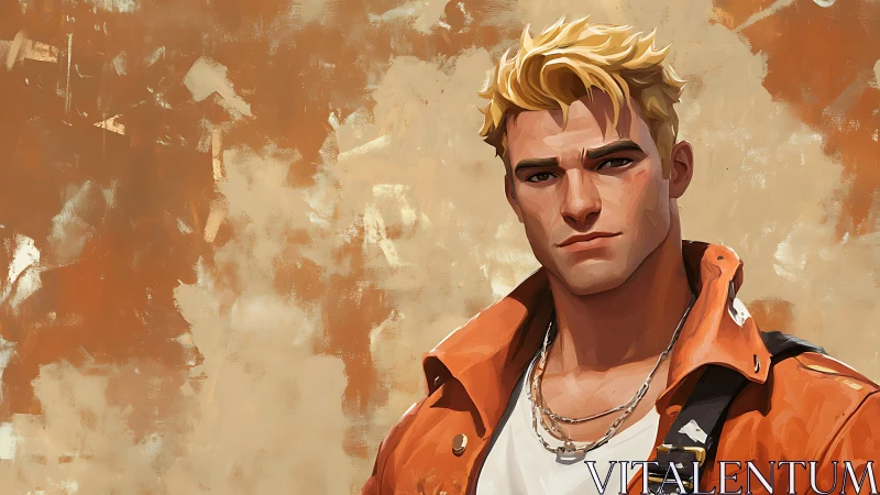 Blond young man stands against textured warm abstract wall