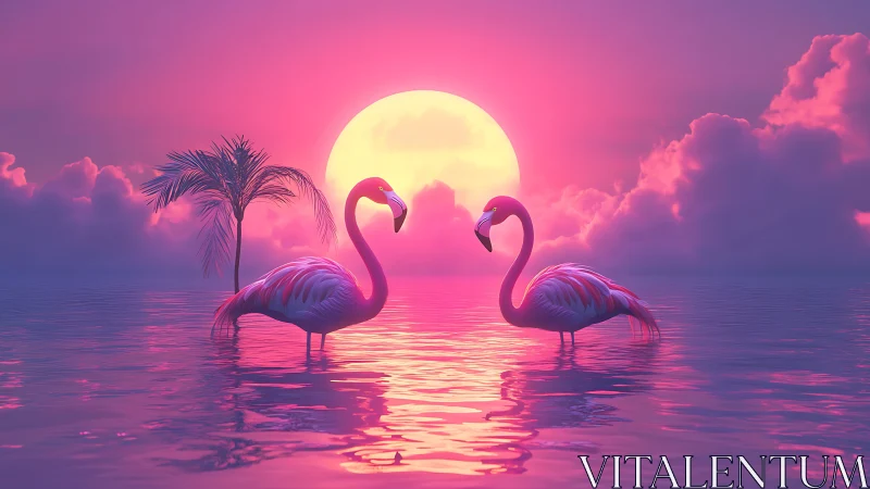 Two flamingos stand in shallow water before a large setting sun