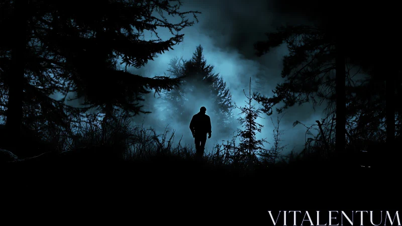 Silhouetted lone figure walks through foggy moonlit forest