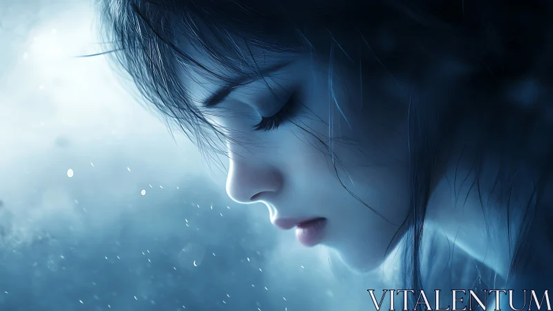 Melancholic blue portrait of young woman in soft light.