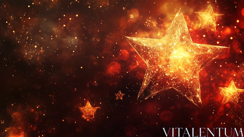 Glowing star-shaped forms occupy a dense orange nebular field