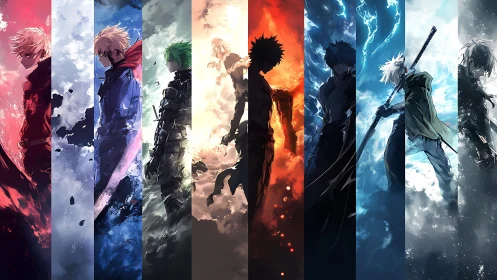 Elemental anime warriors aligned in vertical color panels.