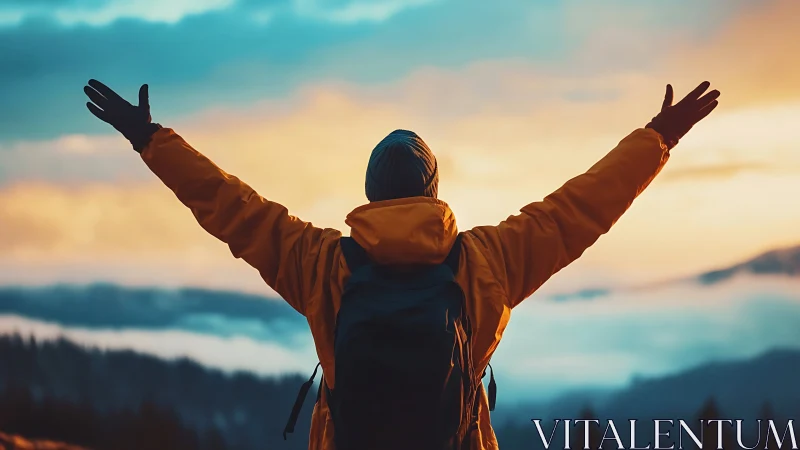 Hiker silhouette celebrates sunrise over misty mountain range.