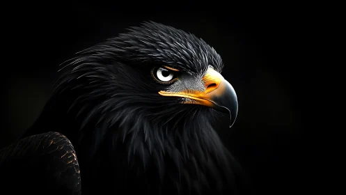 Majestic Black Eagle Portrait in Dramatic Lighting, Hyper-Realistic Style.