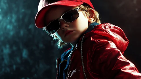 Cool-toned Youth Portrait: Red Jacket and Sunglasses Against Dark Background.