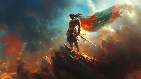 Warrior king on blazing peak under storm-swept sky.