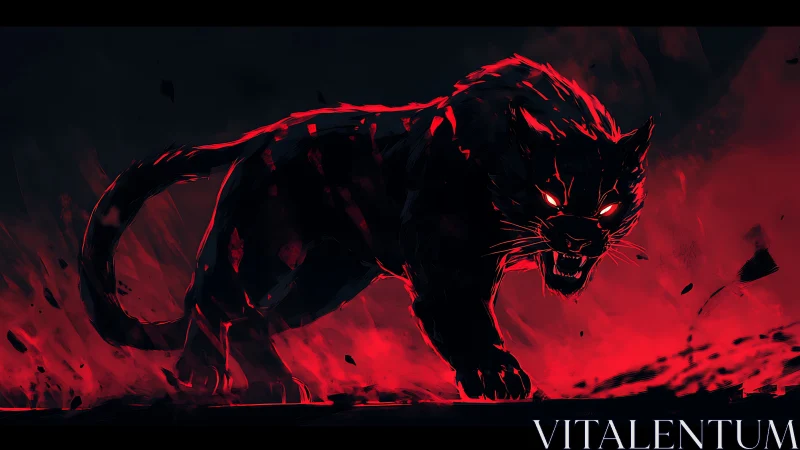 Panther silhouette strides through red glowing debris field