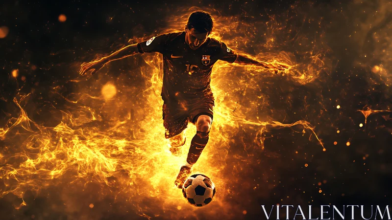 Soccer star in blazing motion, wrapped in swirling firelight.