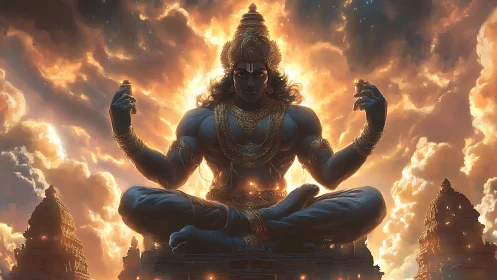 Skyborne cosmic yogi ignites temples with molten dawn fire.