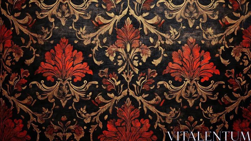 Ornate red and gold baroque damask against deep black backdrop.