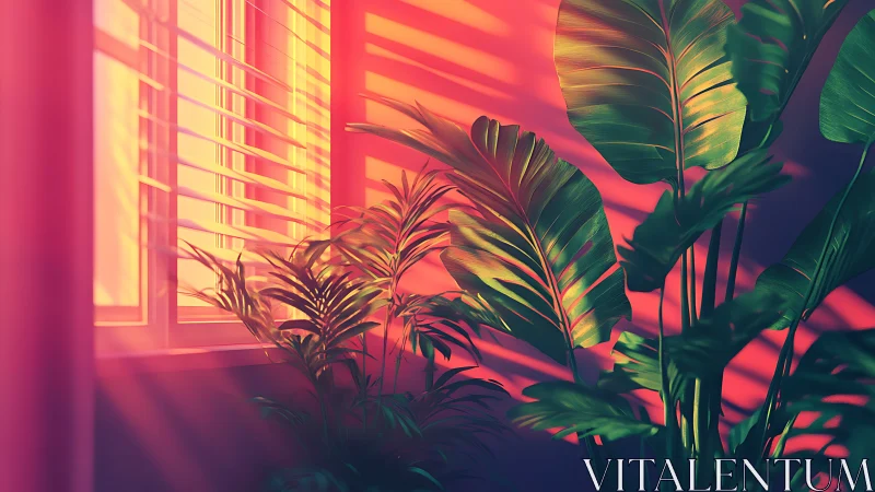 Sunlit tropical houseplants glowing in soft evening warmth.