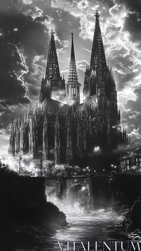 Gothic cathedral towers cut storm sky in monochrome thunder