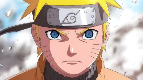 Anime boy with headband stares forward with intense focus