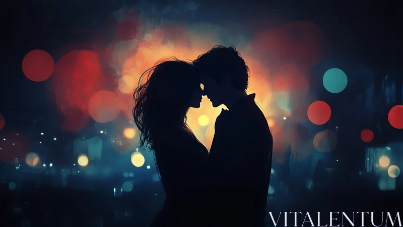 Silhouetted figures in profile against bokeh lit cityscape.