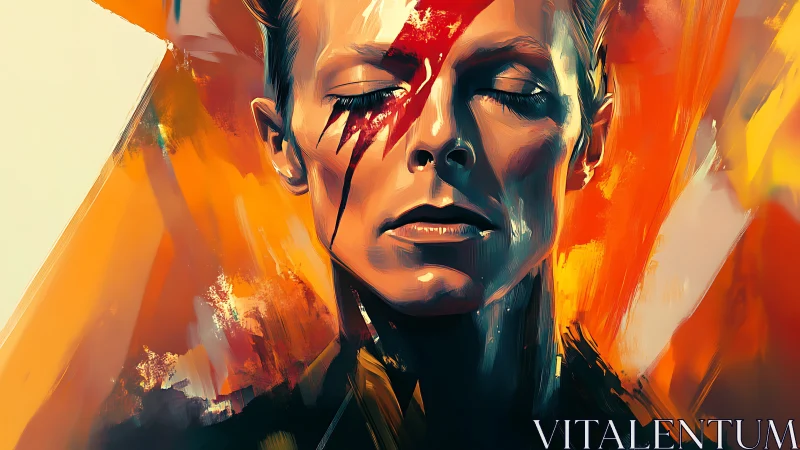 Vivid portrait with lightning bolt makeup in molten oranges.