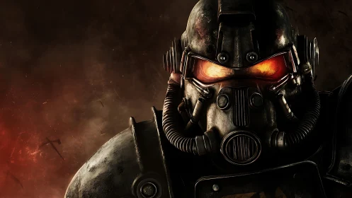 Post-apocalyptic power armor helmet with burning visor glow.