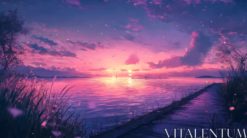 Twilight lakeside boardwalk under magenta cyan sunset sky