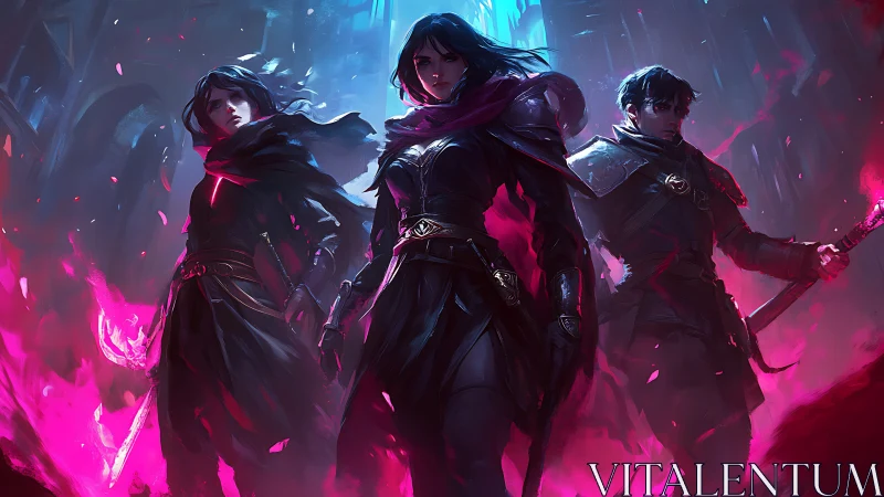 Trio of arcane warriors in chromatic rim light and dynamic cloaks