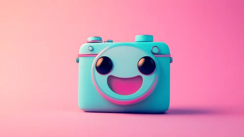 Cyan toy camera with anthropomorphic features against pink gradient background.