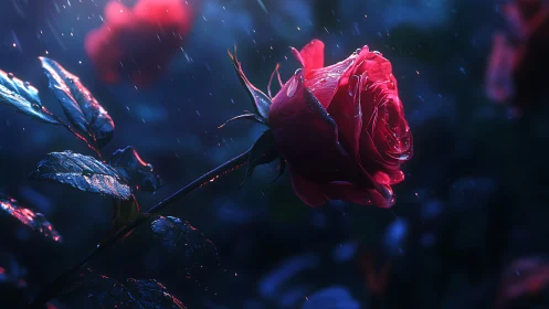 Neon Red Rose in Rain with Blue Lighting.