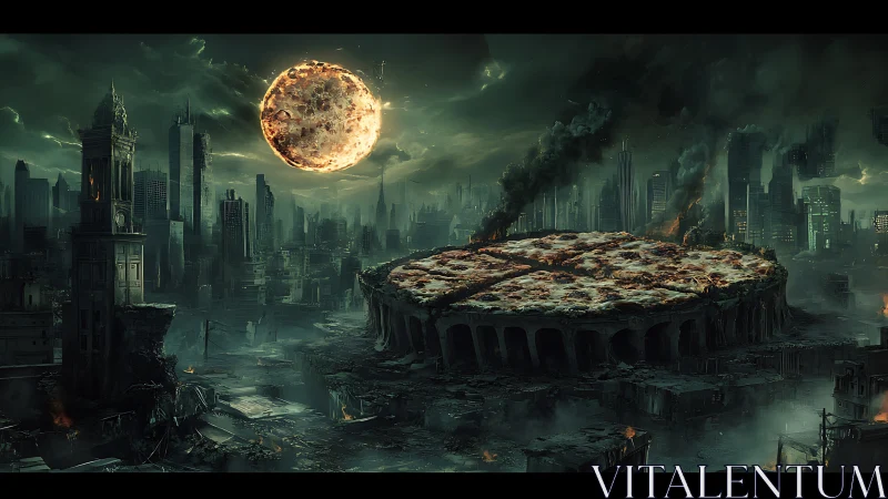 Post-apocalyptic megacity with colossal arena pizza and sun.