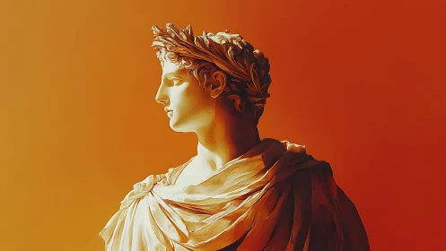 Classical marble bust glows against a bold orange backdrop