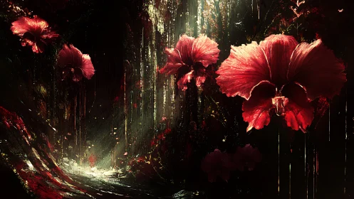 Crimson flowers hover over dark cavernous lightfall.