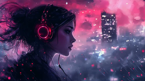 Headphoned girl drifts through neon city rain and quiet dreams