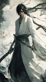 Samurai warrior in windswept monochrome digital rendering.