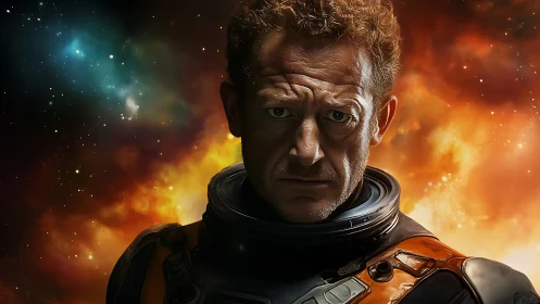 Weathered starfarer locks eyes with a burning cosmic storm