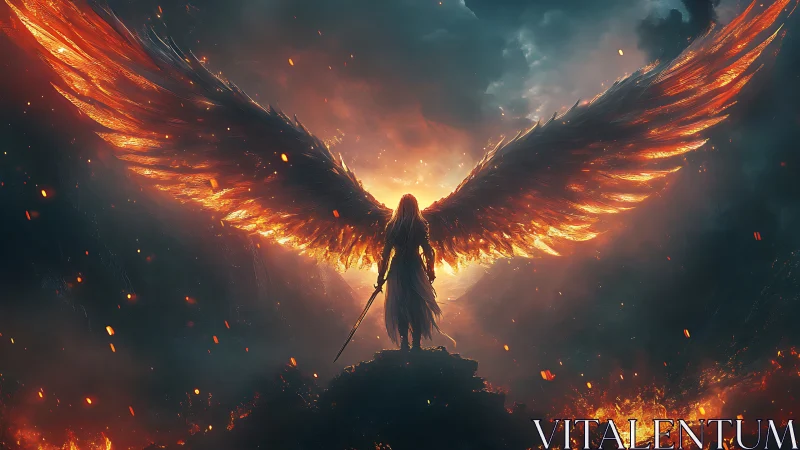 Winged humanoid figure over volcanic landscape at dusk.