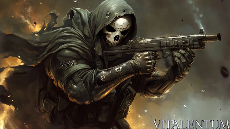 Tactically equipped skull-masked rifleman advances through burning debris