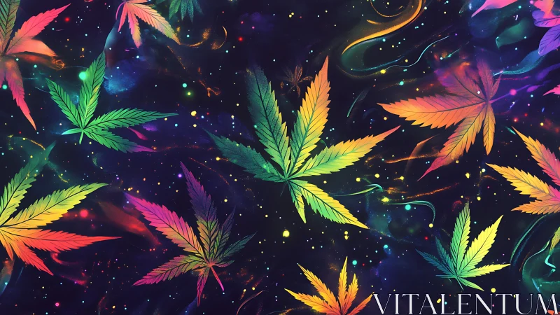 Multicolored cannabis leaves on cosmic abstract background.