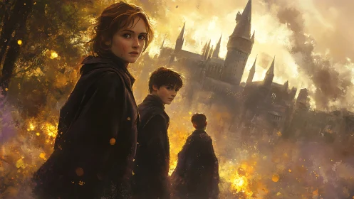 Triadic cloaked figures before burning neo-gothic citadel.