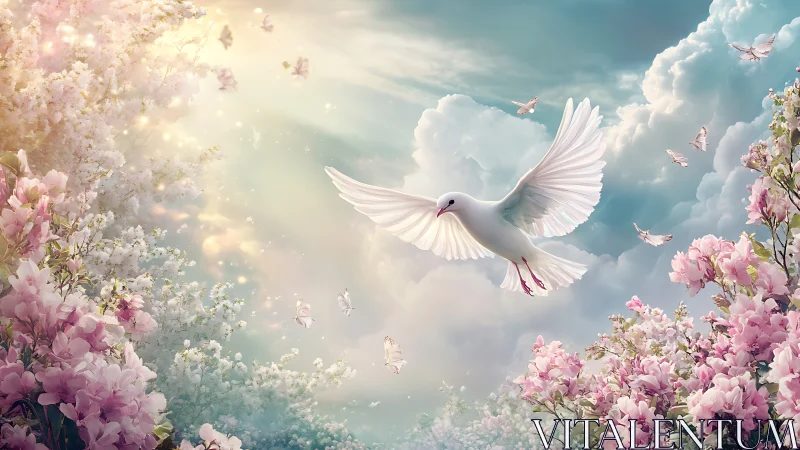 White dove soaring over dreamy blossom valley sky.