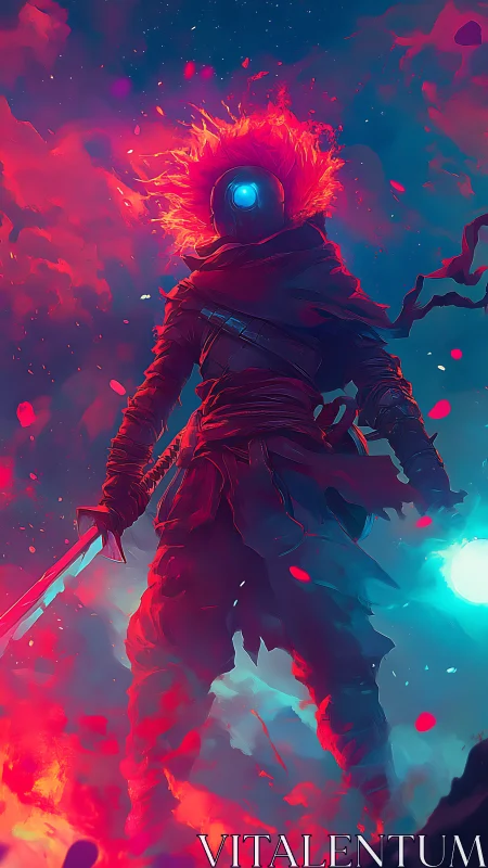 Cybernetic swordsman stands in flaming nebular clouds of light