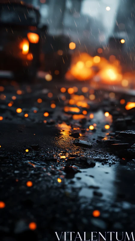 Burning city street glows through rain and scattered embers.