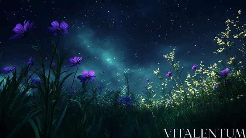 Night sky illuminates wildflower meadow with star field
