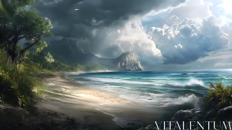 Dramatic Coastal Landscape With Towering Rock Formation.