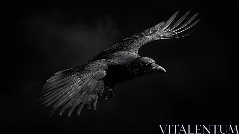 Raven in low-key flight captured with dramatic chiaroscuro lighting