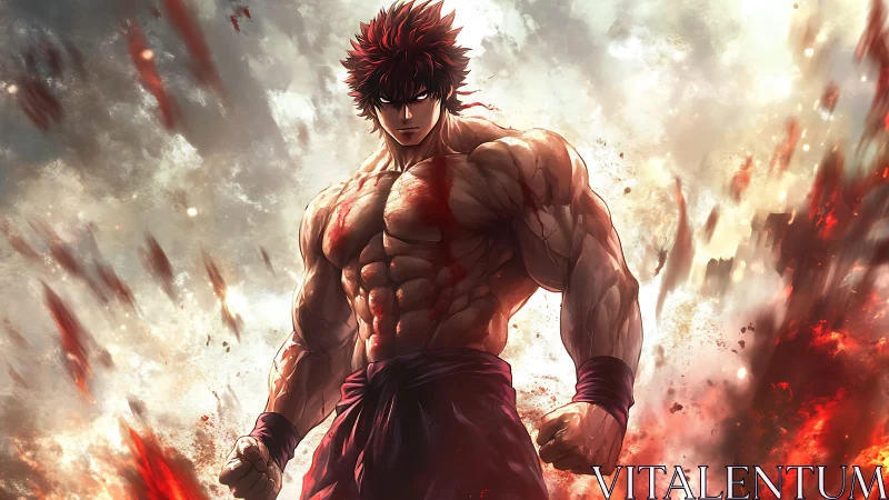 Battle-scarred warrior stands amid blazing swirling inferno