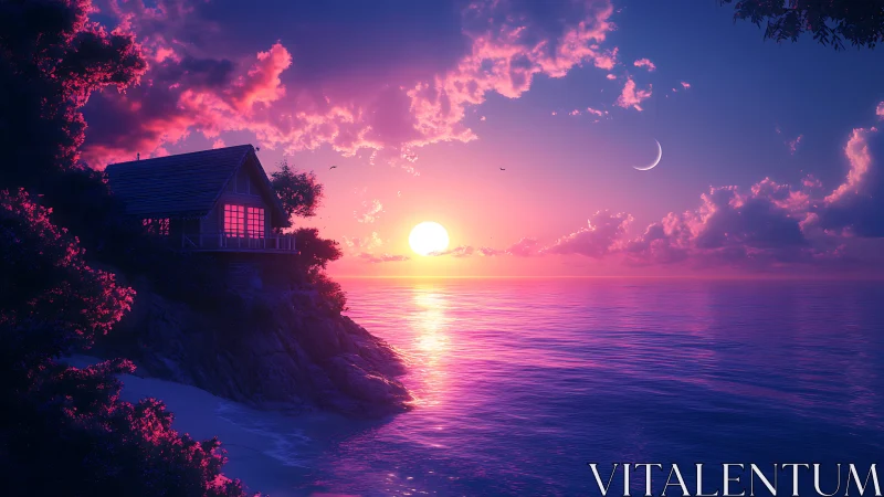 Twin-lit coastline cottage dreams under surreal violet skies