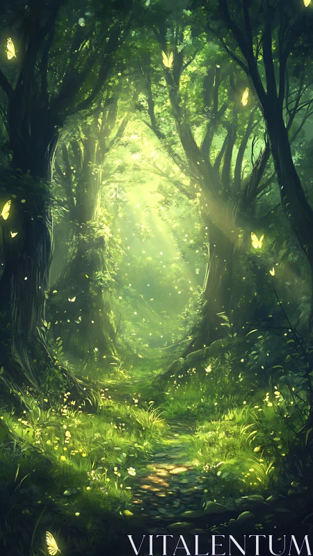 Luminous Forest Path With Glowing Butterflies and Trees.