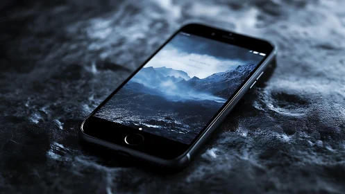 Black smartphone displaying alpine landscape against textured dark surface.