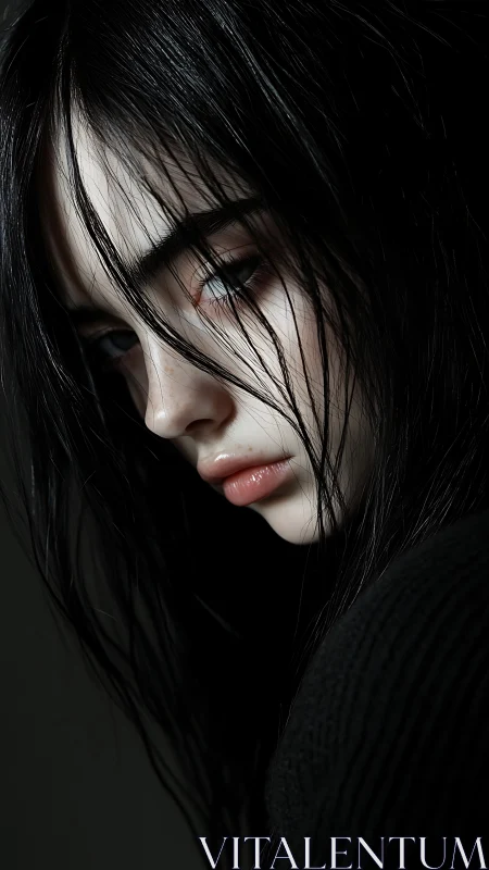 Stormlit gaze of a midnight muse in ink-dark silence.