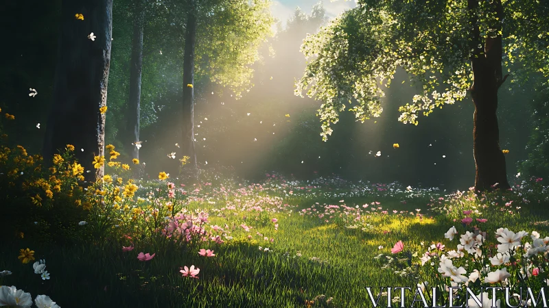 Backlit woodland meadow renders volumetric spring atmosphere