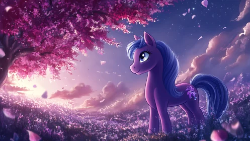 Purple pony gazes at a glowing sunset in a blossom field